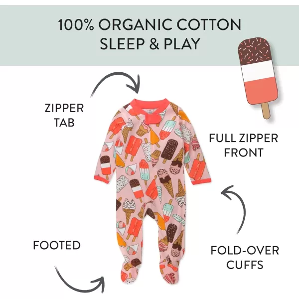 HonestBaby Sleep and Play Footed Pajamas OnePiece Sleeper Jumpsuit ZipFront Pjs 100 Organic Cotton for Baby Girls1 Ice Cream Rose