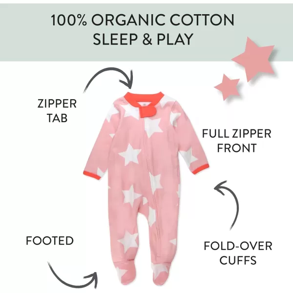 HonestBaby Sleep and Play Footed Pajamas OnePiece Sleeper Jumpsuit ZipFront Pjs 100 Organic Cotton for Baby Girls1 Jumbo Star Pink