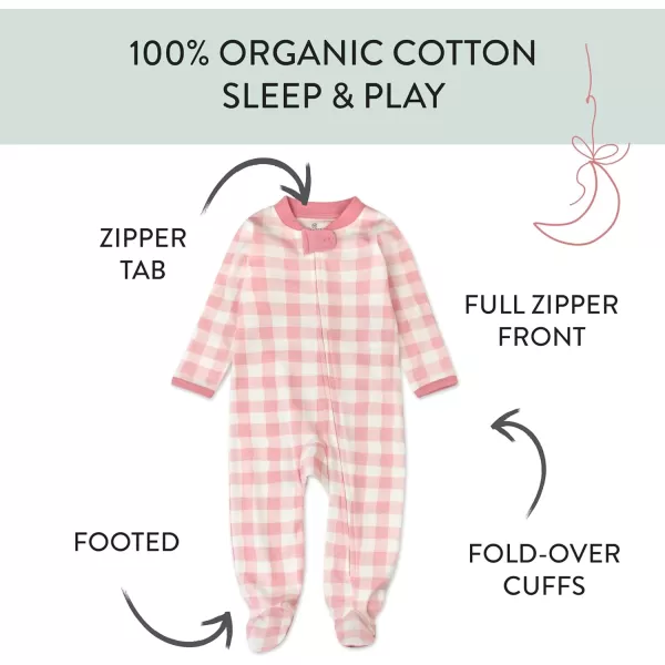 HonestBaby Sleep and Play Footed Pajamas OnePiece Sleeper Jumpsuit ZipFront Pjs 100 Organic Cotton for Baby Girls1 Pink Check