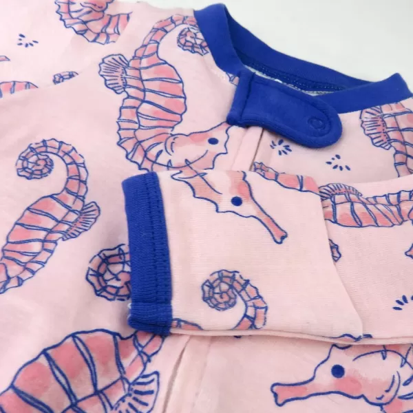 HonestBaby Sleep and Play Footed Pajamas OnePiece Sleeper Jumpsuit ZipFront Pjs 100 Organic Cotton for Baby Girls1 Sea Horse