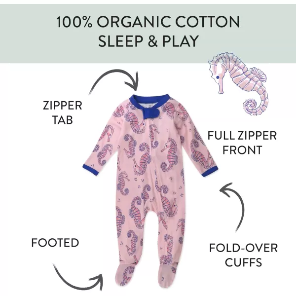 HonestBaby Sleep and Play Footed Pajamas OnePiece Sleeper Jumpsuit ZipFront Pjs 100 Organic Cotton for Baby Girls1 Sea Horse