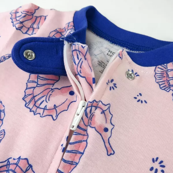 HonestBaby Sleep and Play Footed Pajamas OnePiece Sleeper Jumpsuit ZipFront Pjs 100 Organic Cotton for Baby Girls1 Sea Horse