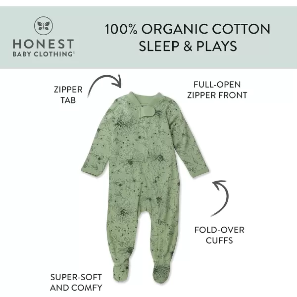 HonestBaby Sleep and Play Footed Pajamas OnePiece Sleeper Jumpsuit ZipFront Pjs 100 Organic Cotton for Baby Girls1 Sketchy Floral Sage