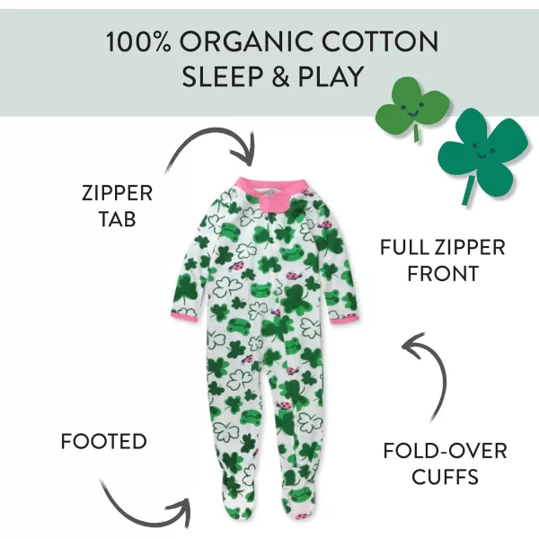 HonestBaby Sleep and Play Footed Pajamas OnePiece Sleeper Jumpsuit ZipFront Pjs 100 Organic Cotton for Baby Girls1 St Pats Girl