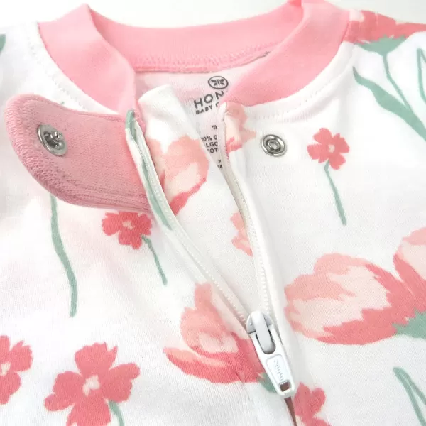 HonestBaby Sleep and Play Footed Pajamas OnePiece Sleeper Jumpsuit ZipFront Pjs 100 Organic Cotton for Baby Girls1 Strawberry Pink Floral