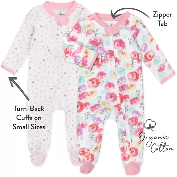 HonestBaby Sleep and Play Footed Pajamas OnePiece Sleeper Jumpsuit ZipFront Pjs 100 Organic Cotton for Baby Girls2 Rose BlossomLove Dot