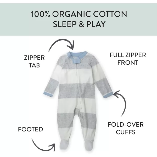 HonestBaby Sleep and Play Footed Pajamas OnePiece Sleeper Jumpsuit Zipfront PJs Organic Cotton for Baby Boys Unisex1 Rugby Stripe Light Heather Gray