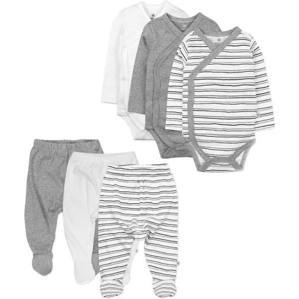 6 Pack Organic Cotton Long Sleeve Side Snap Kimono Bodysuits and Footed Pants Multi PackSketchy Stripe