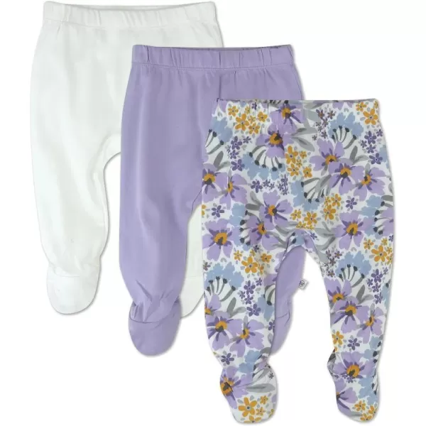 HonestBaby 3Pack Footed Pants Roomy Fit Pull on Bottoms 100 Organic Cotton for Infant Baby Boys Girls UnisexJumbo Floral Lilac