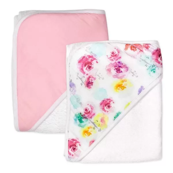 HonestBaby Baby 2Pack Organic Cotton Hooded Towels Watercolor WorldNavy One SizeOne Size Rose Blossom