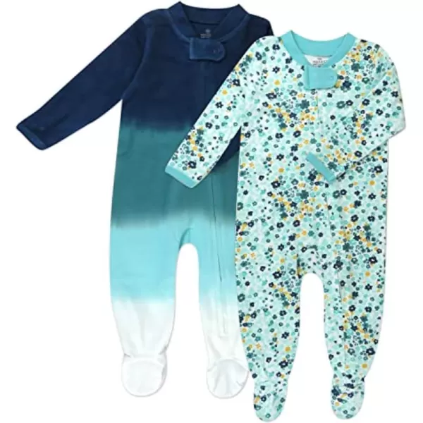 HonestBaby Footed Sleep amp Play Pajamas Organic Cotton for Infant Baby Girls LEGACY2 Floral Clusters Aqua Blue
