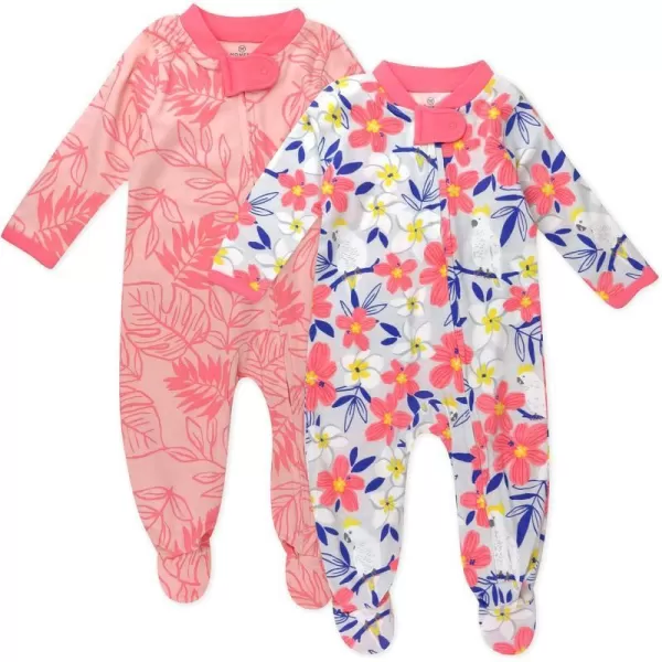 HonestBaby Footed Sleep amp Play Pajamas Organic Cotton for Infant Baby Girls LEGACY2 Palm Leaves Pink Coral