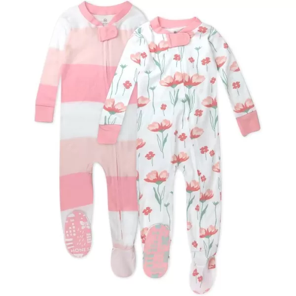 HonestBaby NonSlip Footed Pajamas OnePiece Sleeper Jumpsuit ZipFront Pjs 100 Organic Cotton for Baby Girls2pack Jumbo Ombre Stripe Strawberry Cream