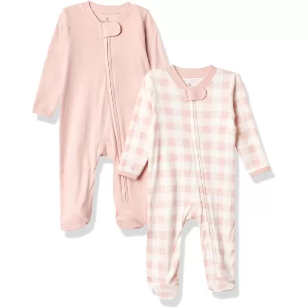 HonestBaby NonSlip Footed Pajamas OnePiece Sleeper Jumpsuit ZipFront Pjs 100 Organic Cotton for Baby Girls2pack Peach Skin Painted Buffalo Check
