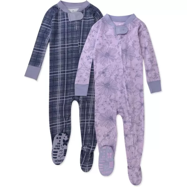 HonestBaby NonSlip Footed Pajamas OnePiece Sleeper Jumpsuit ZipFront Pjs 100 Organic Cotton for Baby Girls2pack Purple Plaid