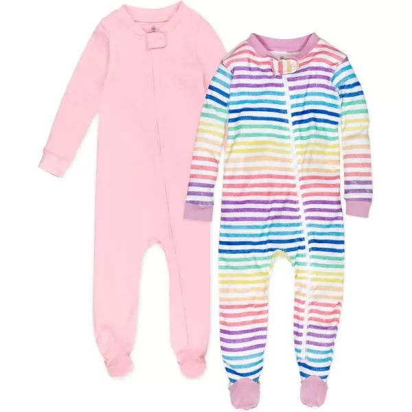 HonestBaby NonSlip Footed Pajamas OnePiece Sleeper Jumpsuit ZipFront Pjs 100 Organic Cotton for Baby Girls2pack Rainbow Stripe