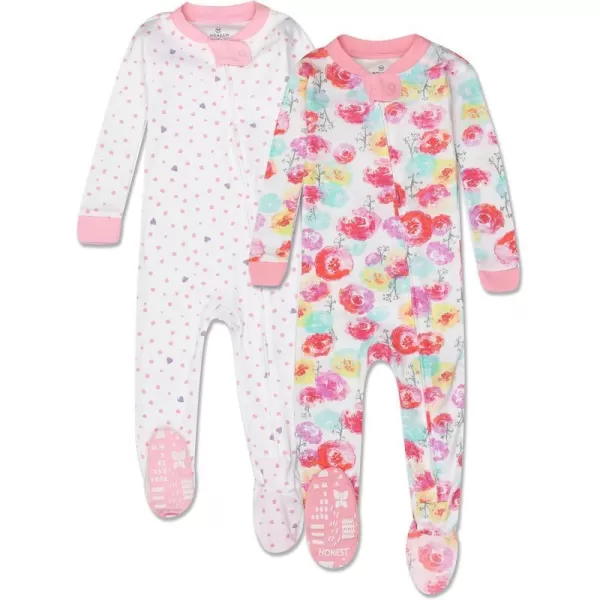 HonestBaby NonSlip Footed Pajamas OnePiece Sleeper Jumpsuit ZipFront Pjs 100 Organic Cotton for Baby Girls2pack Rose BlossomLove Dot