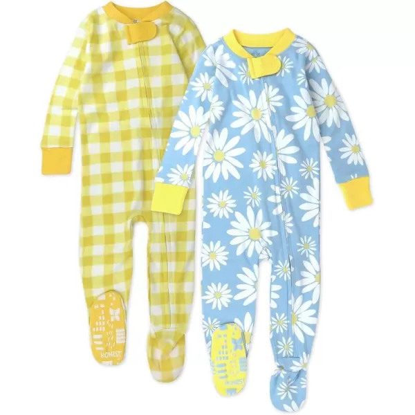 HonestBaby NonSlip Footed Pajamas OnePiece Sleeper Jumpsuit ZipFront Pjs 100 Organic Cotton for Baby Girls2pack Yellow Painted Buffalo Check