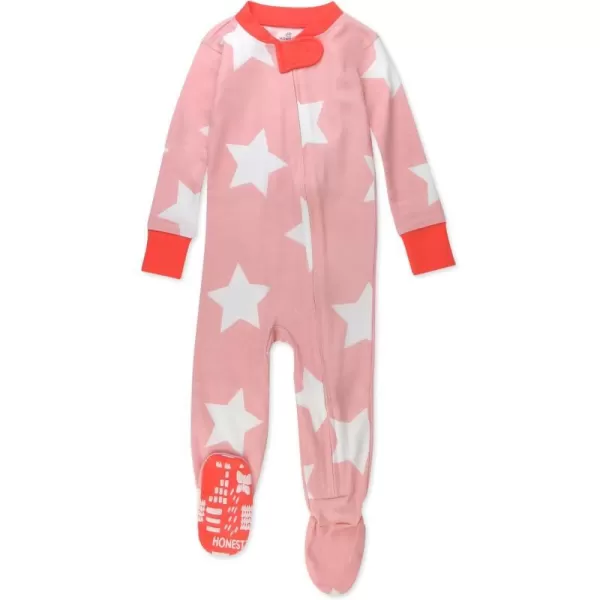 HonestBaby NonSlip Footed Pajamas OnePiece Sleeper Jumpsuit ZipFront Pjs 100 Organic Cotton for Baby GirlsJumbo Star Pink