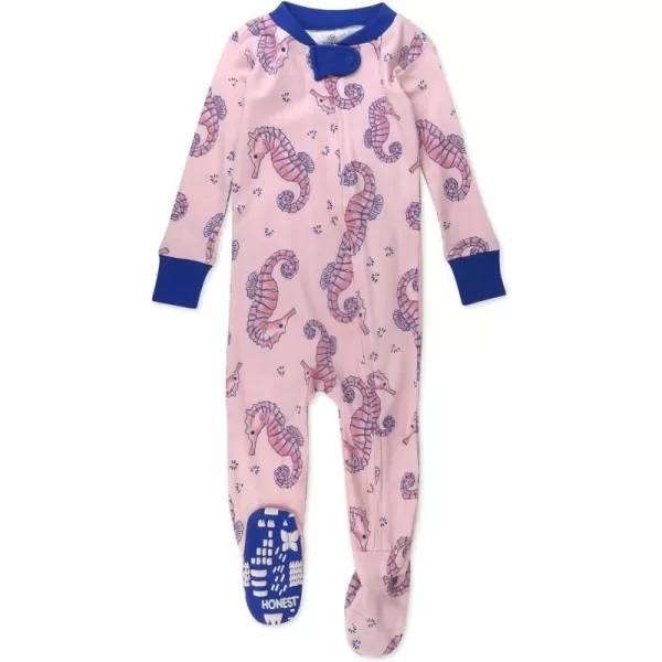 HonestBaby NonSlip Footed Pajamas OnePiece Sleeper Jumpsuit ZipFront Pjs 100 Organic Cotton for Baby GirlsSea Horse