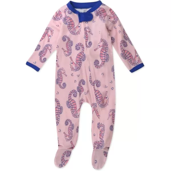 HonestBaby Sleep and Play Footed Pajamas OnePiece Sleeper Jumpsuit ZipFront Pjs 100 Organic Cotton for Baby Girls1 Sea Horse