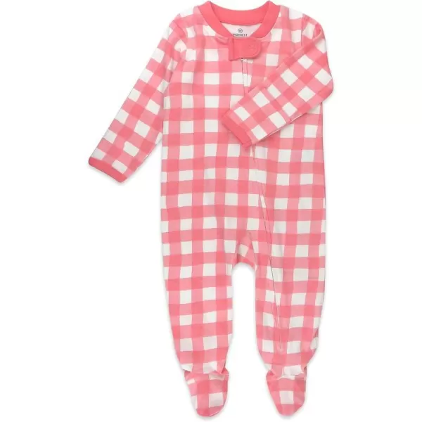 HonestBaby Sleep and Play Footed Pajamas OnePiece Sleeper Jumpsuit ZipFront Pjs 100 Organic Cotton for Baby Girls1 Strawberry Ice Buffalo Check