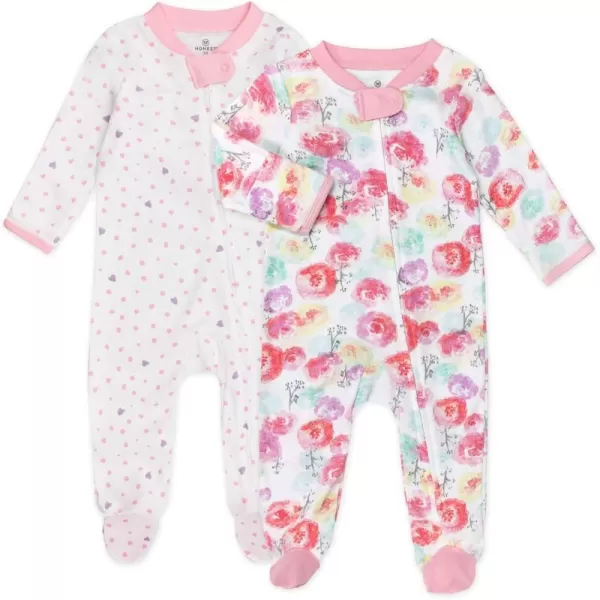 HonestBaby Sleep and Play Footed Pajamas OnePiece Sleeper Jumpsuit ZipFront Pjs 100 Organic Cotton for Baby Girls2 Rose BlossomLove Dot