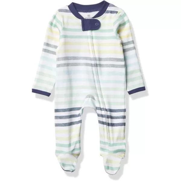 HonestBaby Sleep and Play Footed Pajamas OnePiece Sleeper Jumpsuit Zipfront PJs Organic Cotton for Baby Boys Unisex1 Rainbow Stripe Blues