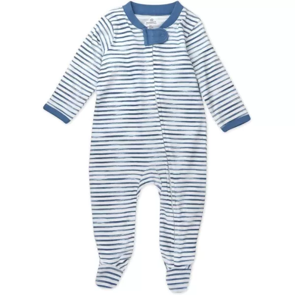 HonestBaby Sleep and Play Footed Pajamas OnePiece Sleeper Jumpsuit Zipfront PJs Organic Cotton for Baby Boys Unisex1 White Indigo Stripe