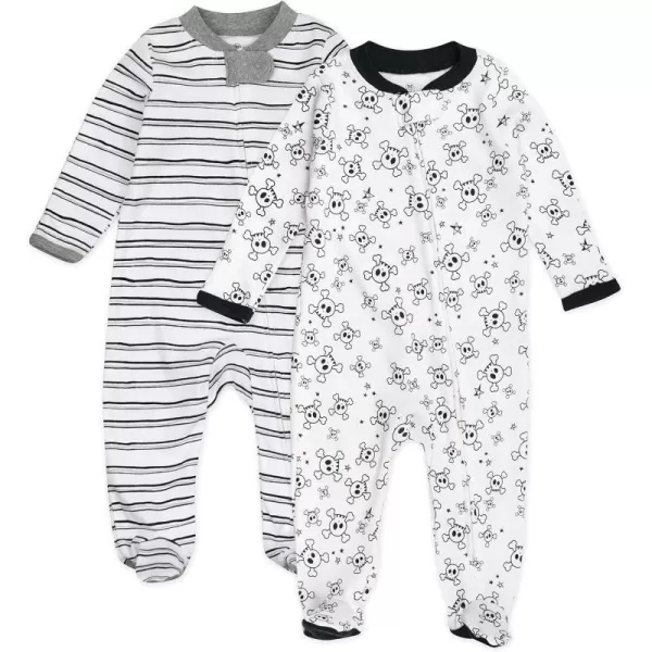 HonestBaby Sleep and Play Footed Pajamas OnePiece Sleeper Jumpsuit Zipfront PJs Organic Cotton for Baby Boys Unisex2 Tossed SkullsSketchy Stripe
