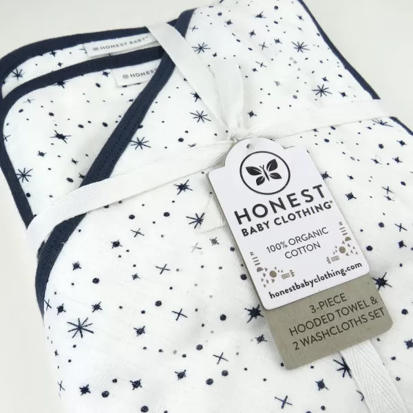 HonestBaby 3Piece Organic Cotton Hooded Towel amp Washcloth Set Rose Blossom One SizeOne Size Twinkle Star WhiteNavy