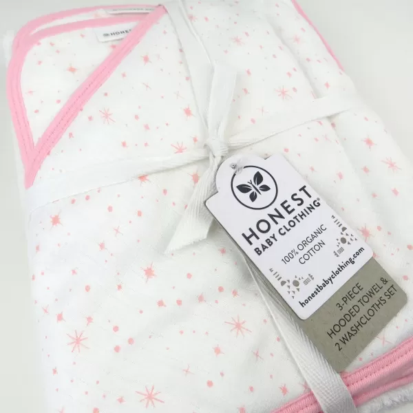 HonestBaby 3Piece Organic Cotton Hooded Towel amp Washcloth Set Rose Blossom One SizeOne Size Twinkle Star WhitePink