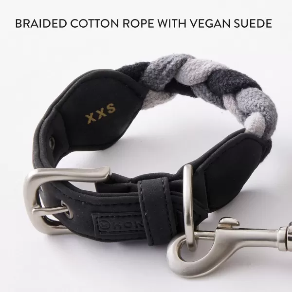 HonestBaby Collars and Leash Sets Braided and Vegan Suede for Dogs Organic Cotton for Pets BlackBlack XSmallLight GrayMedium GrayBlack CollarRope Leash XXSmall