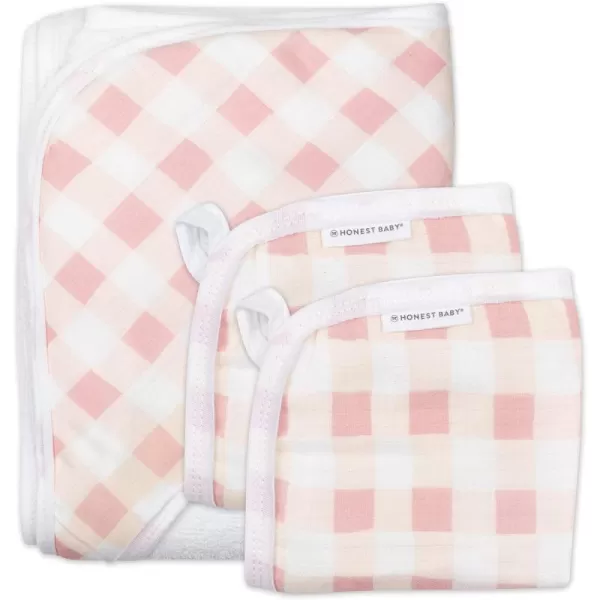 HonestBaby 3Piece Organic Cotton Hooded Towel amp Washcloth Set Rose Blossom One SizeOne Size Peach Skin Painted Buffalo Check