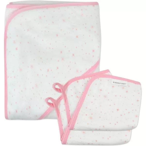 HonestBaby 3Piece Organic Cotton Hooded Towel amp Washcloth Set Rose Blossom One SizeOne Size Twinkle Star WhitePink