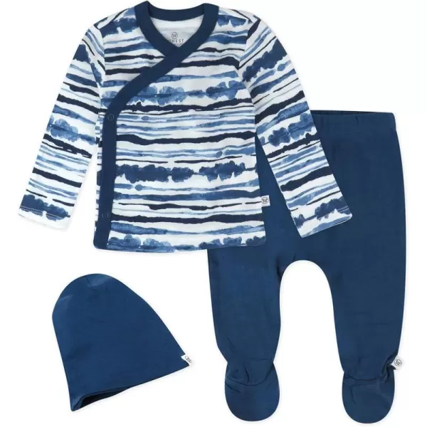 HonestBaby 3Piece Organic Cotton Kimono Top Footed Pant amp HeadbandBeanie Set for Infant Baby Boys Girls UnisexIndigo Stripe