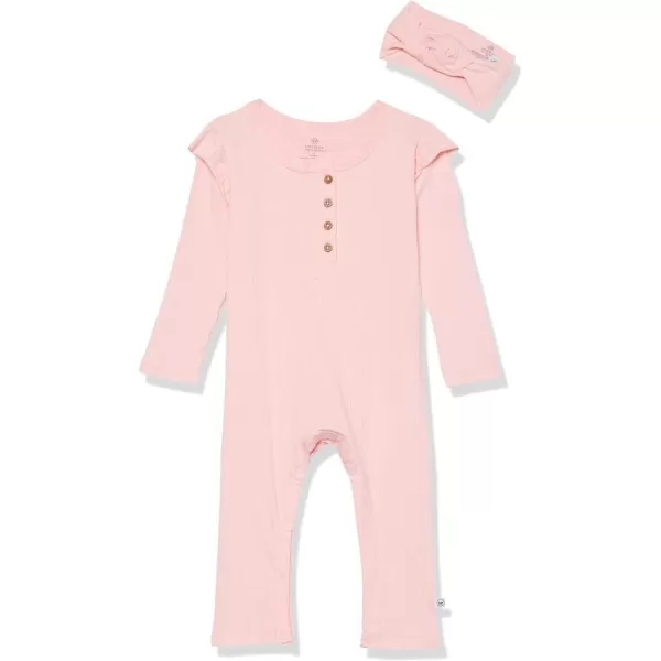 HonestBaby Girls 2piece Chunky Rib Ruffle Sleeve Coverall and Headband LegacyPainterly Pink