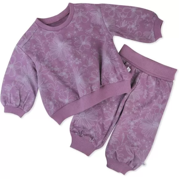HonestBaby Multipack Pullover Hoodie Sweatshirt Jogger Sweatpant Sets Organic Cotton Baby Toddler Boys Girls UnisexSketchy Floral Purple 2 Piece