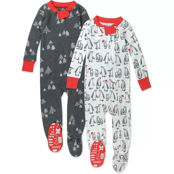 HonestBaby NonSlip Footed Holiday Pajamas OnePiece Sleeper ZipFront PJs Organic Cotton for BabyBoys Girls UnisexLEGACY2pack Penguin Party