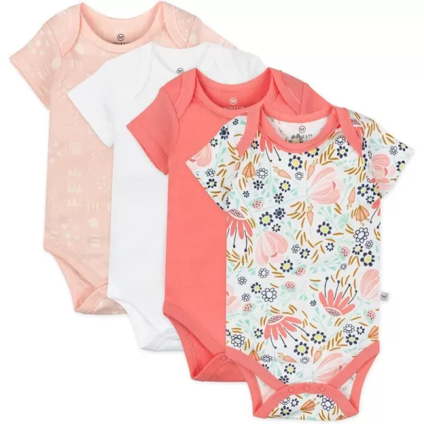 HonestBaby Unisex Baby Multipack Short Sleeve Bodysuits OnePiece 100 Organic Cotton4pack Flower Power