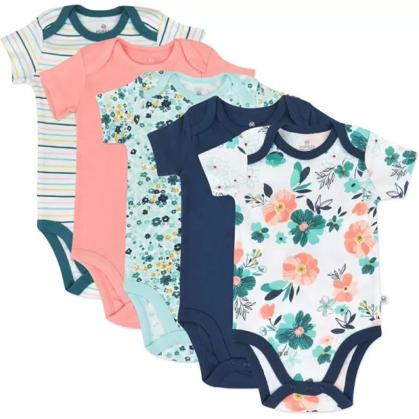HonestBaby babygirls 5pack Short Sleeve Bodysuits Onepiece 100 Organic Cotton for Infant Baby Girls5pack Dreamy Floral Aqua Blue