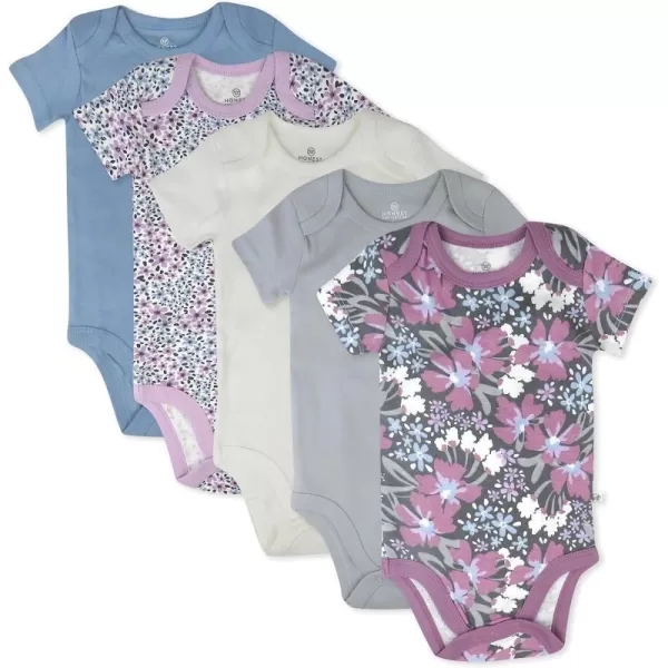 HonestBaby babygirls 5pack Short Sleeve Bodysuits Onepiece 100 Organic Cotton for Infant Baby Girls5pack Jumbo Floral Dusty Purple