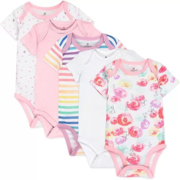 HonestBaby babygirls 5pack Short Sleeve Bodysuits Onepiece 100 Organic Cotton for Infant Baby Girls5pack Rose Blossom