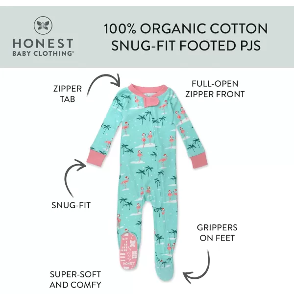 HonestBaby NonSlip Footed Holiday Pajamas OnePiece Sleeper ZipFront Pjs Organic Cotton for Baby Boys Girls Unisex2pack Holiday Flamingo