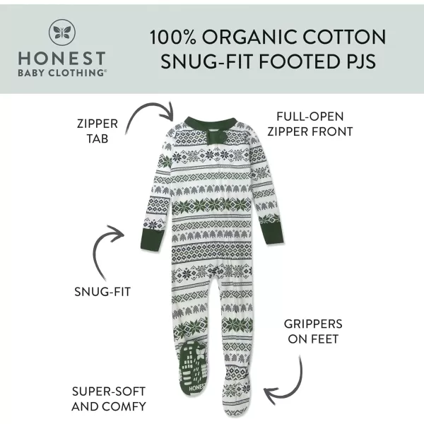 HonestBaby NonSlip Footed Holiday Pajamas OnePiece Sleeper ZipFront Pjs Organic Cotton for Baby Boys Girls UnisexFair Isle Green