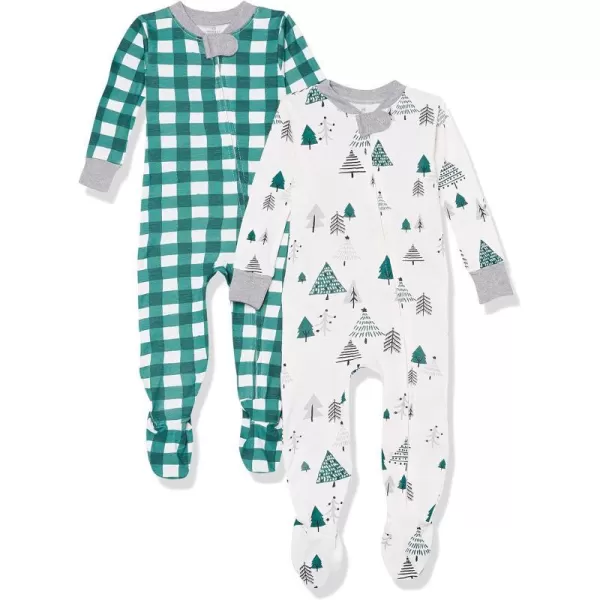 HonestBaby NonSlip Footed Holiday Pajamas OnePiece Sleeper ZipFront Pjs Organic Cotton for Baby Boys Girls Unisex2pack Emerald Forest