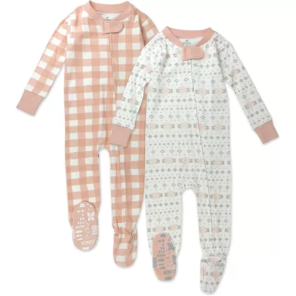 HonestBaby NonSlip Footed Holiday Pajamas OnePiece Sleeper ZipFront Pjs Organic Cotton for Baby Boys Girls Unisex2pack Fair Isle Ivory Pink