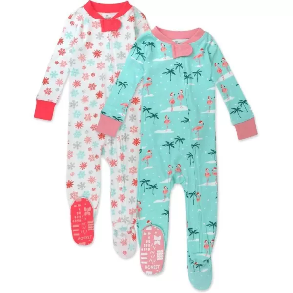 HonestBaby NonSlip Footed Holiday Pajamas OnePiece Sleeper ZipFront Pjs Organic Cotton for Baby Boys Girls Unisex2pack Holiday Flamingo