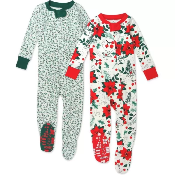 HonestBaby NonSlip Footed Holiday Pajamas OnePiece Sleeper ZipFront Pjs Organic Cotton for Baby Boys Girls Unisex2pack Holiday Floral
