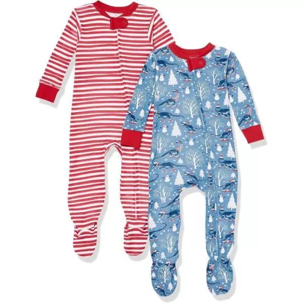 HonestBaby NonSlip Footed Holiday Pajamas OnePiece Sleeper ZipFront Pjs Organic Cotton for Baby Boys Girls Unisex2pack Roarin Rex
